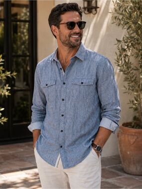 Banana Republic Light‎ Blue Striped Utility Shirt 16-16 1/2. 100% Cotton